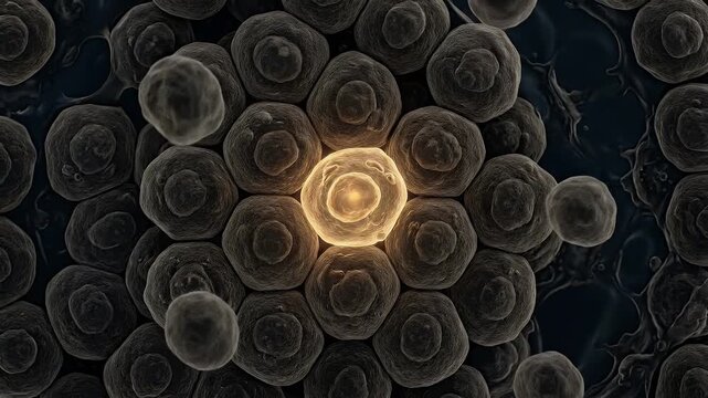 Glowing stem cell with detailed cellular texture and anatomy, microscopic view of biological cell structure, medical research concept showing illuminated cell cluster and organic tissue close up