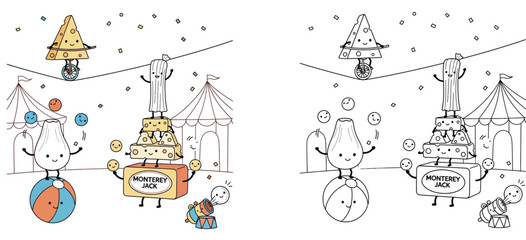 Funny Cheese Circus Characters Performing Acts with Tightrope Unicycle and Juggling, Cartoon Illustration and Coloring Page Outline Vector for Kids Education and Creative Fun © MMONIR