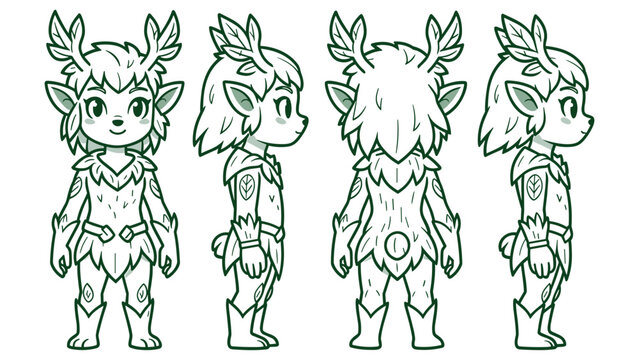 Forest elf character sheet with antlers and leaf armor for fantasy game design in green.