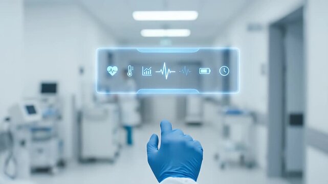 Medical technology healthcare futuristic interface digital health hospital blue glove medical data health monitoring cardiology pulse thermometer battery clock medical icons hand touchscreen