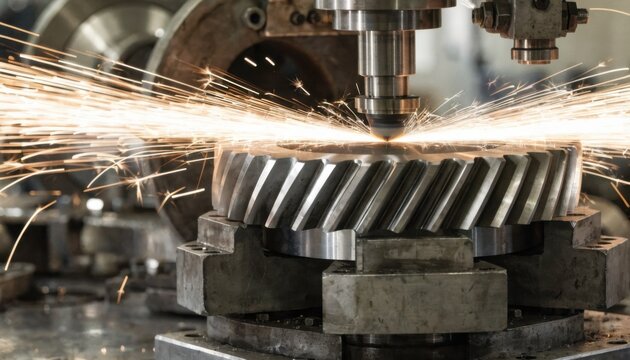 Medium shot of a dry grinding process on a gear tooth profile highlighting sparks flying off the metal surface as sharp teeth are finely shaped under intense friction.