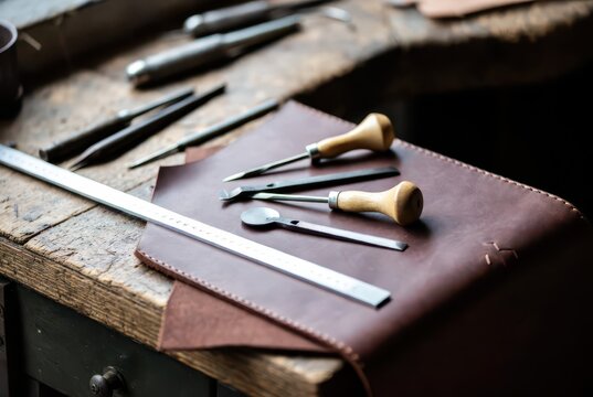 Leatherworking tools and materials laid out on a rustic wooden workbench for crafting