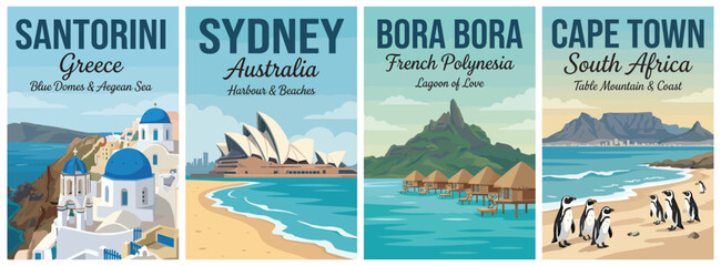Obraz premium Iconic coastal escapes travel poster set. Including santorini greece, sydney australia, bora bora, and cape town south africa. Retro flat vector illustration.