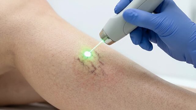Close up leg spider vein laser treatment by medical professional showing detailed skin therapy care and vein removal with advanced laser device for effective leg vein therapy