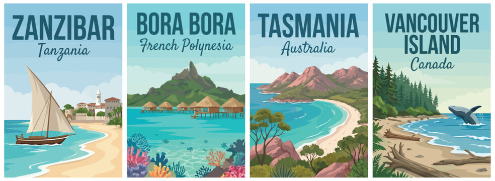 Exotic coastal escapes travel poster set. Including zanzibar tanzania, bora bora polynesia, tasmania australia, and vancouver island canada. Retro flat vector illustration.