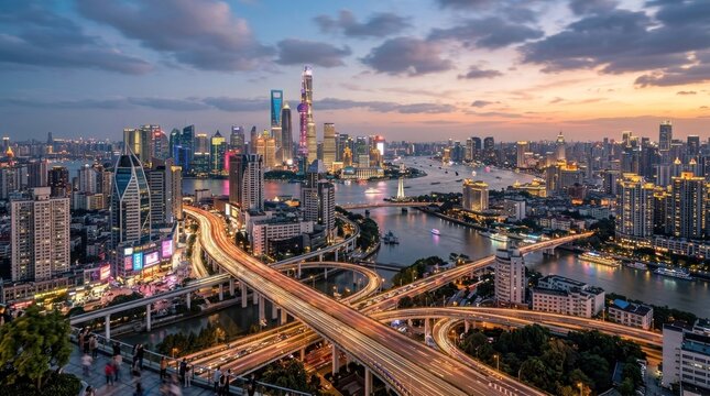 Shanghai skyline at dusk with the Huangpu River and the Pudong skyline in the background.