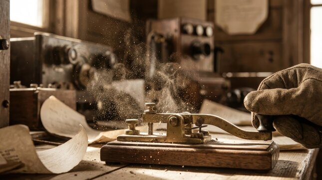 Antique telegraph key operating with dust particles in the air old radio equipment in background