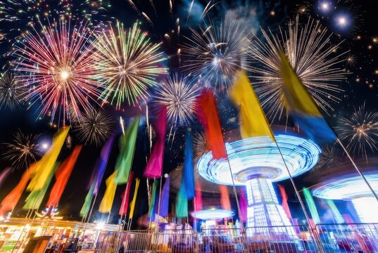 Vibrant amusement park at night with colorful flags and dazzling fireworks display