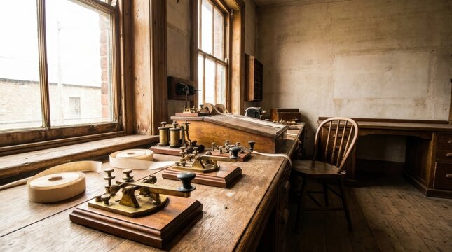 Antique telegraph equipment and paper rolls arranged on a wooden desk near a window