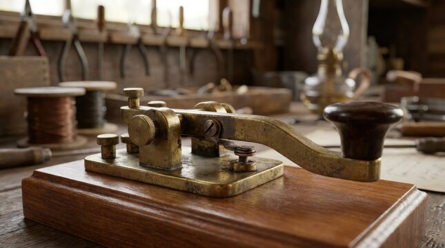 Vintage brass Morse code telegraph key with wooden base and spools of wire on a workbench