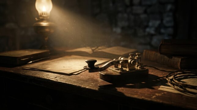 An antique Morse code telegraph key rests on a wooden desk beside old books and an oil lamp