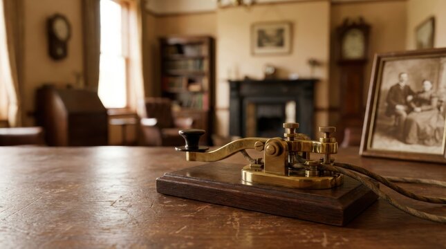 Antique brass telegraph key resting on a wooden desk in a vintage study