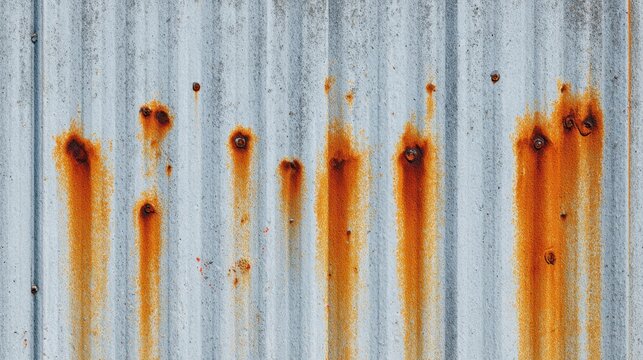 Detailed Texture of Corrugated Metal Sheeting Showing Prominent Rust Spots and Streaks