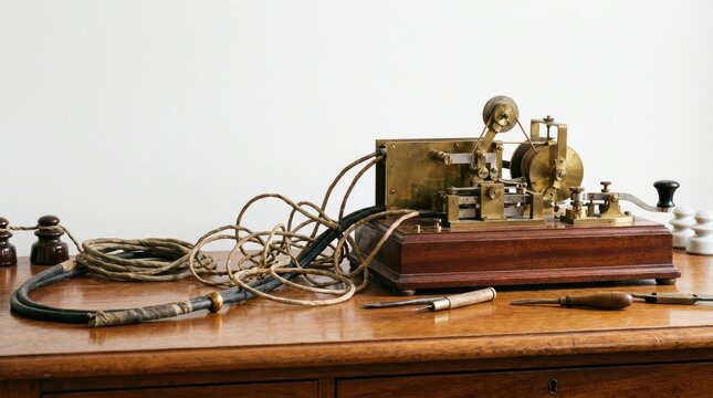 Antique brass telegraph machine with tangled wires and ceramic insulators on wooden surface