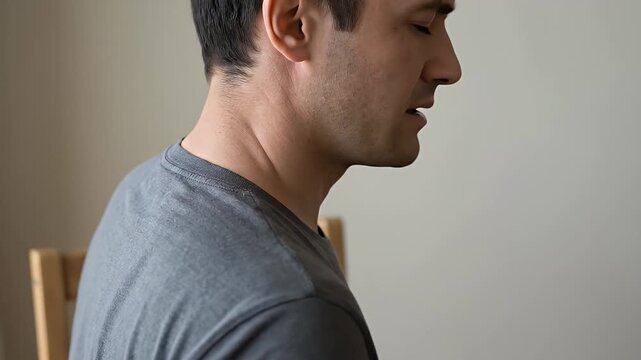 Man side view gray shirt closed eyes indoor chair short hair adult sitting calm thoughtful portrait neck pain hand back view discomfort stress holding neck pain wearing gray shirt sitting wooden