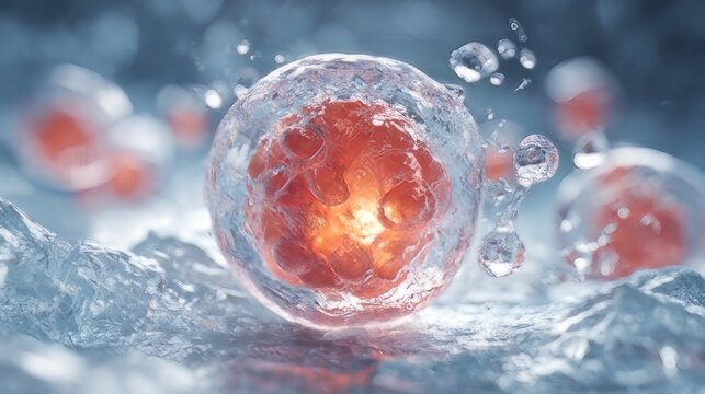 Process of fertilization, reproductive technologies like In Vitro Fertilization (IVF). Egg cell (ovum) is shown surrounded by multiple sperm cells, representing the moment of fertilization. 