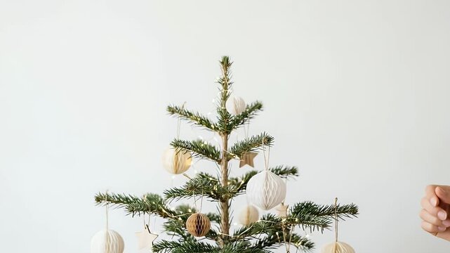 Minimalist Christmas tree decoration with white and beige paper ornaments hanging on green pine branches, simple festive holiday decor with natural cozy atmosphere and winter celebration
