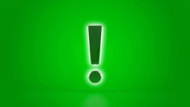 Exclamation Mark on a Green Canvas: A striking exclamation mark illuminates against a vibrant green backdrop, its glowing form commanding attention and conveying a sense of urgency. 