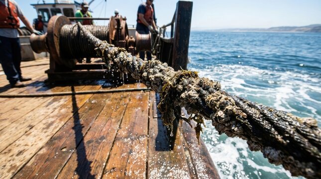 Thick marine rope covered in barnacles and seaweed hangs on a fishing boat deck
