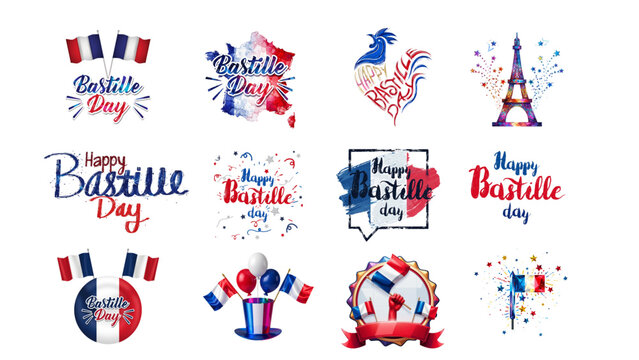 Patriotic Happy bastille Day and 14th of July typography set with stars and stripes elements