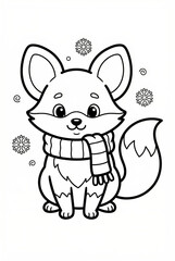 Fototapeta premium Cute fox wearing a scarf and surrounded by snowflakes in winter 