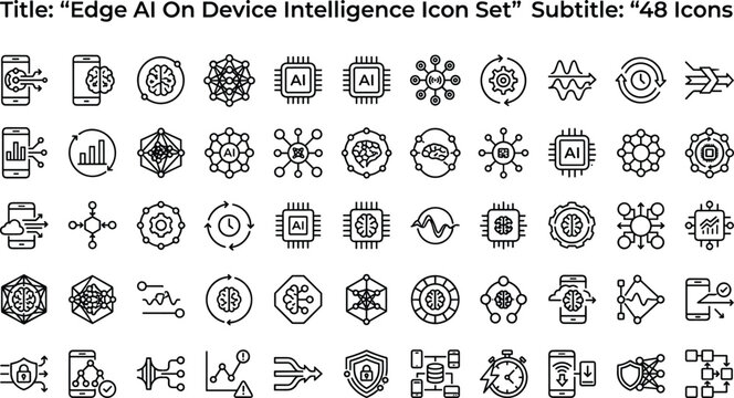 Edge AI On Device Intelligence Icon Set Featuring Embedded Systems, Real Time Processing, IoT Devices and Smart Edge Computing Concepts