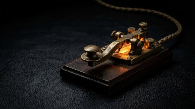 Vintage brass telegraph key with illuminated contacts on a dark textured surface