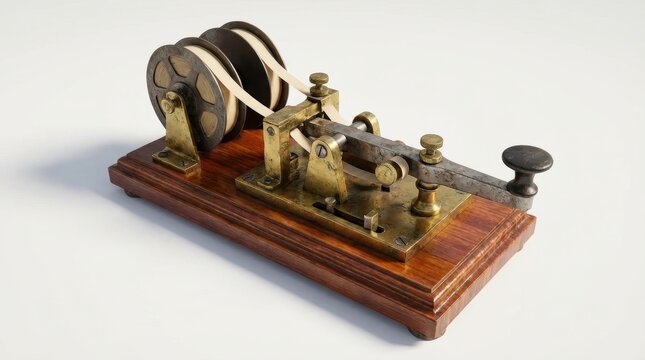 Vintage brass telegraph machine with spooled paper ribbon on wooden base