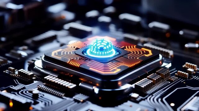 Close-up view of a glowing blue central processing unit (CPU) on a complex electronic circuit board, symbolizing advanced technology and innovation.