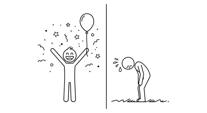 Stick figure with happy and sad expressions.