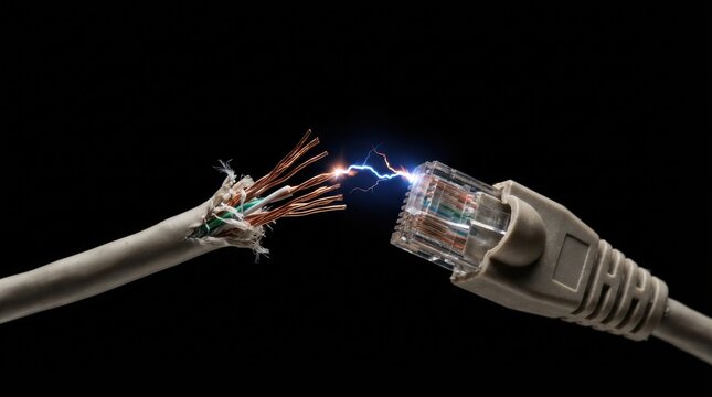 Exposed electrical wires spark as they nearly connect to an Ethernet plug illustrating power and danger