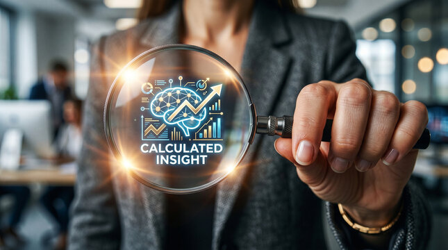Businesswoman holding magnifier over ai chart for inference and data analysis in modern office