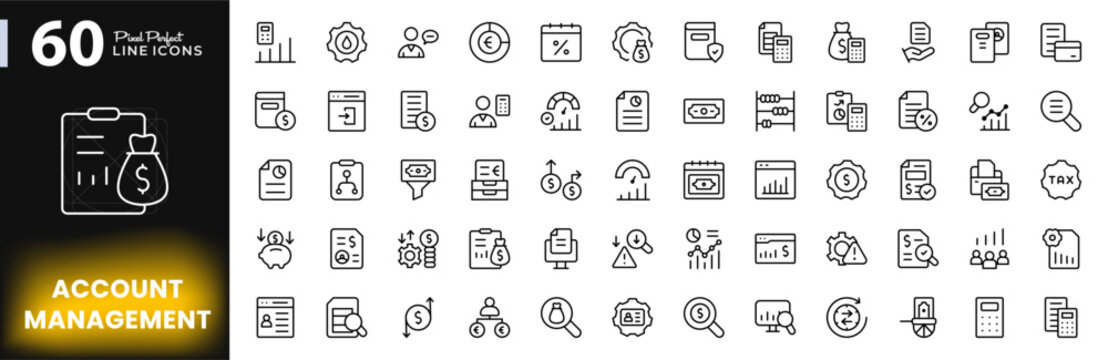 Account management line icon set. Financial auditing, business, bookkeeping, and professional banking tax report vector icons pack. Editable pixel-perfect stroke