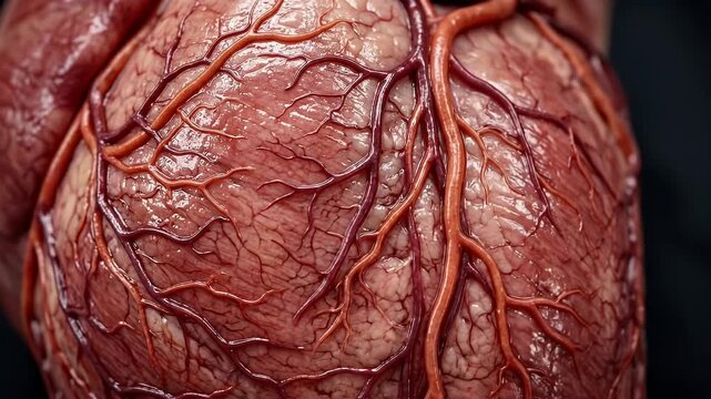 Heart close up revealing detailed blood vessels, veins, and muscle texture, illustrating anatomy and medical biology of organ with realistic texture and cardiovascular system in vivid tones
