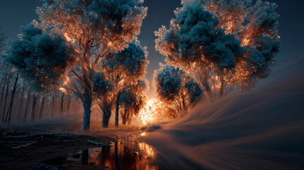 Obraz premium Enchanted Glowing Trees Lined Forest Path at Night With Reflection