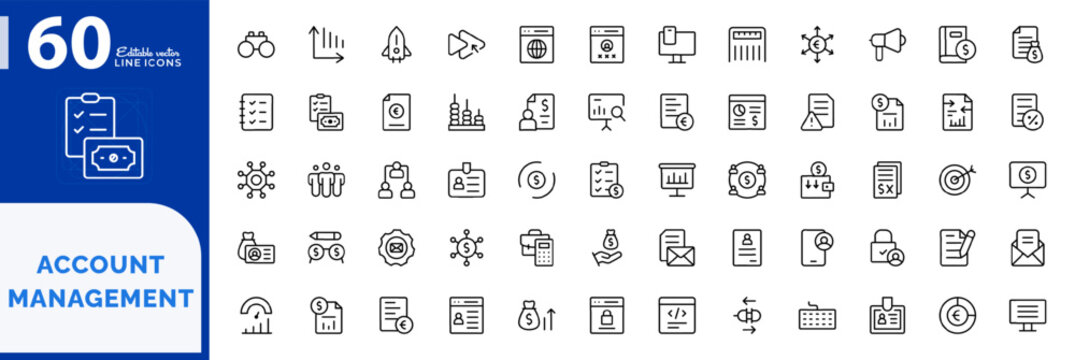 Account Management icon set. Featuring editable line symbols for financial audit, business, revenue, profit, and investment collection. Vector illustration stroke