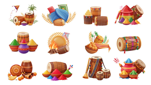 Lohri festival decorative elements set with colorful turban, wheat, and traditional sweets illustration