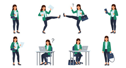 Fototapeta premium Collection of character poses showing a professional businesswoman working at a desk, walking, and expressing various emotions.