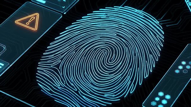 Glowing fingerprint digital security biometric authentication cyber technology futuristic interface data protection identity verification neon blue electronic access security scanner pattern warning