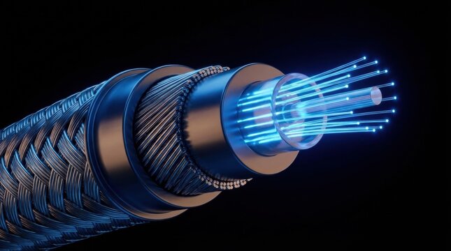 Detailed cross section of a fiber optic cable with glowing blue light strands emanating outwards