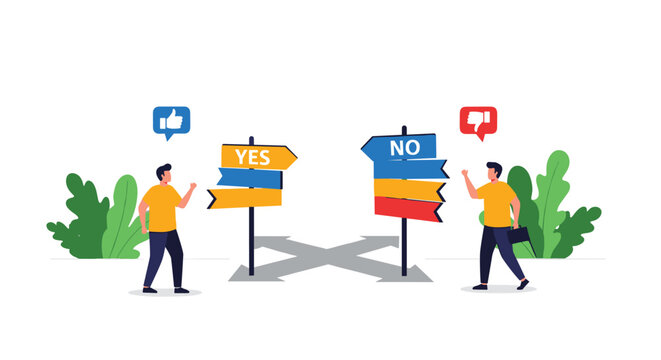 Two businessmen standing at a crossroad with multiple arrows pointing toward yes or no decision making paths.