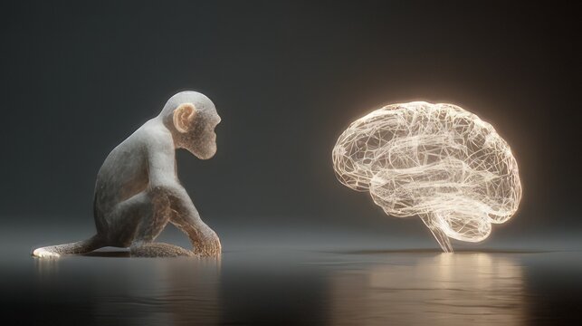 Wireframe monkey looking at a human brain. Relationship between animals and intelligence or neurological. 