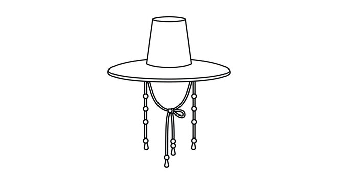 Traditional black Korean hat known as a Gat with beads and strings shown as a simple black and white line drawing.