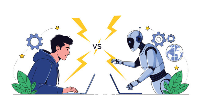 Conceptual illustration showing a man and an advanced robot sitting at laptops facing each other in a vs competition or comparison.