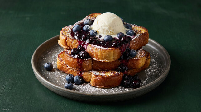 Brioche french toast with blueberry compote and vanilla ice cream