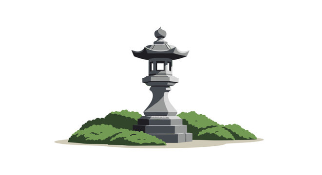 Elegant traditional Japanese stone lantern or toro situated among low green bushes in a peaceful garden setting.