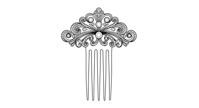 Delicate black and white line art illustration of an ornate vintage hair comb featuring intricate swirl patterns and jewels.