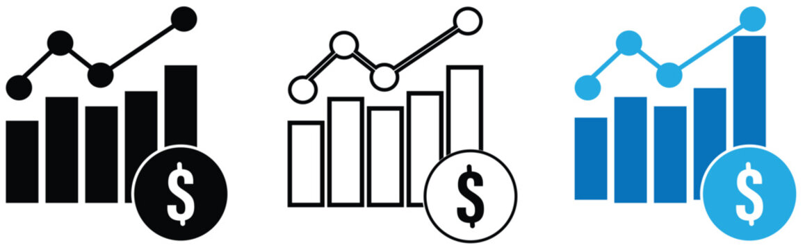 A set of three black and blue line icons of a growing bar graph with a lightning bolt. Analytics graph and upward arrow success symbols. Solid silhouette vector icons.