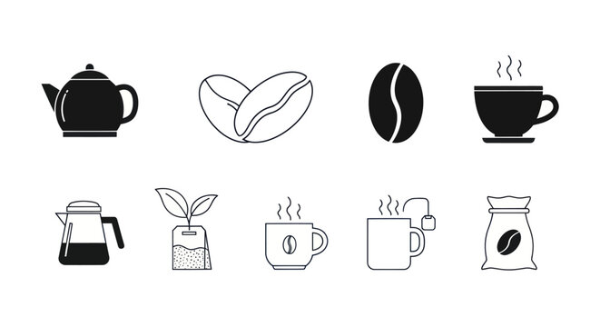 Coffee and tea icons black and white design