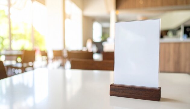 Blank white table tent menu holder with wooden base in cafe mockup